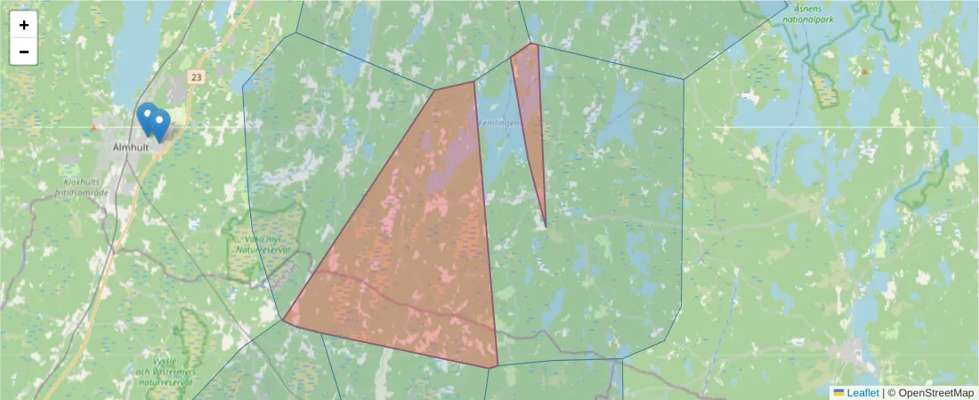 Karta över postnummerområdet  och angränsande postnummer i Sverige