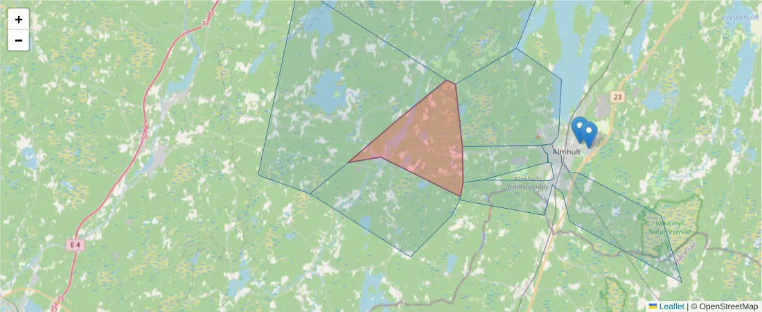 Karta över postnummerområdet  och angränsande postnummer i Sverige