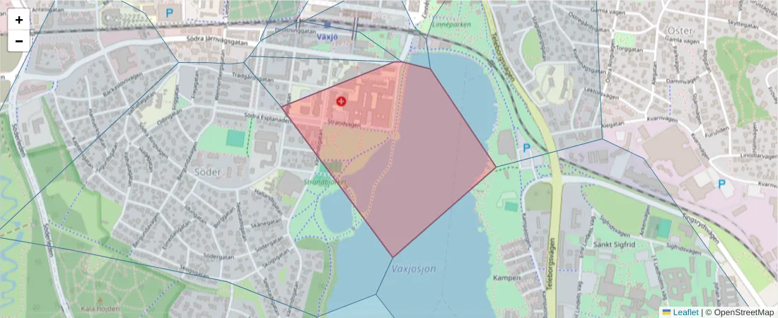 Karta över postnummerområdet  och angränsande postnummer i Sverige