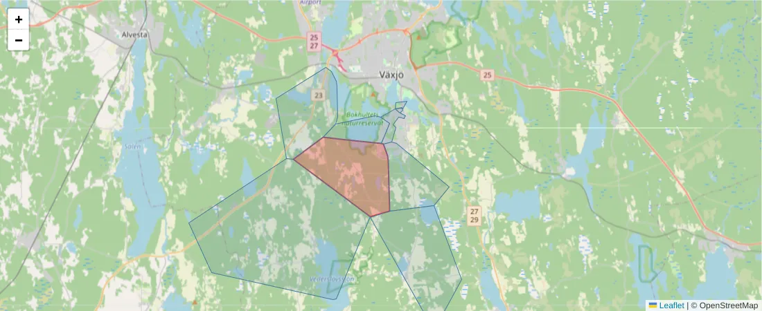 Karta över postnummerområdet  och angränsande postnummer i Sverige