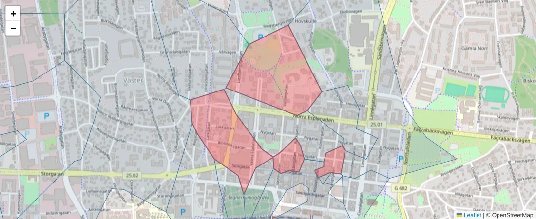 Karta över postnummerområdet  och angränsande postnummer i Sverige