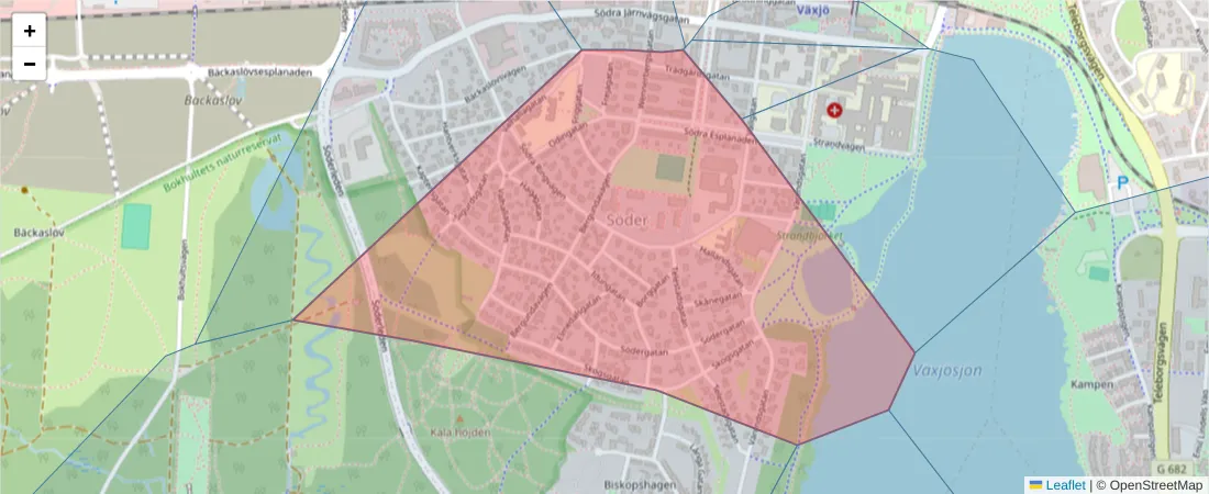 Karta över postnummerområdet  och angränsande postnummer i Sverige