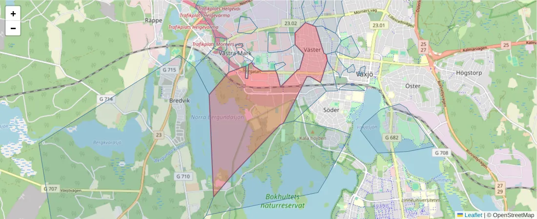 Karta över postnummerområdet  och angränsande postnummer i Sverige