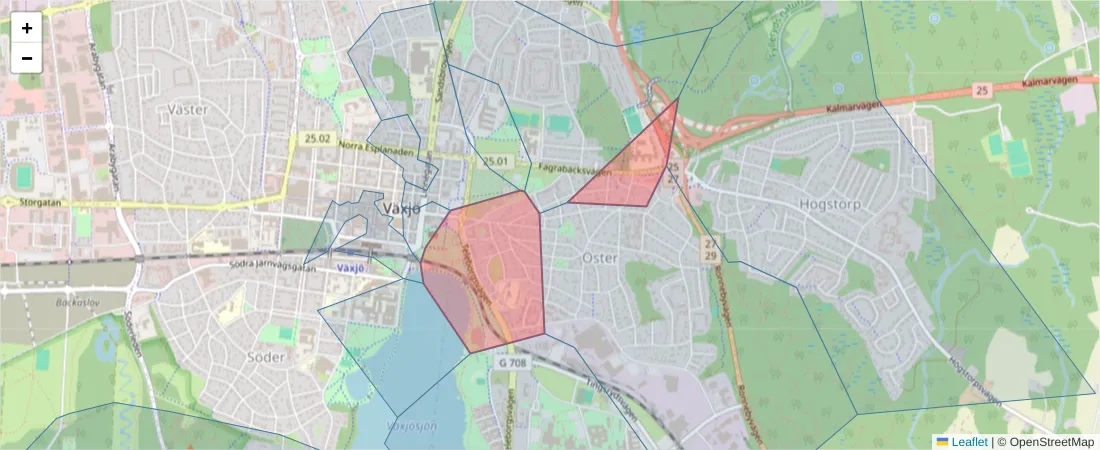 Karta över postnummerområdet  och angränsande postnummer i Sverige
