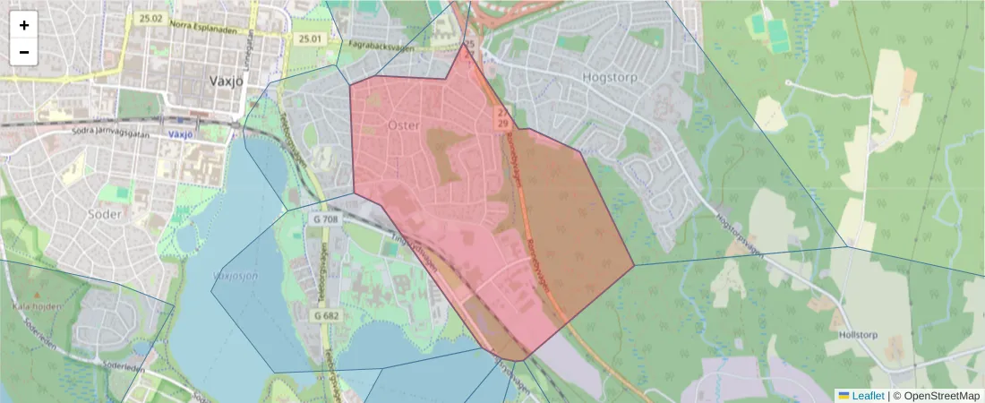 Karta över postnummerområdet  och angränsande postnummer i Sverige