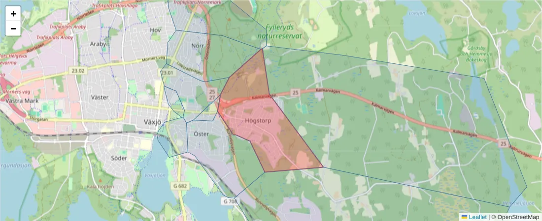 Karta över postnummerområdet  och angränsande postnummer i Sverige