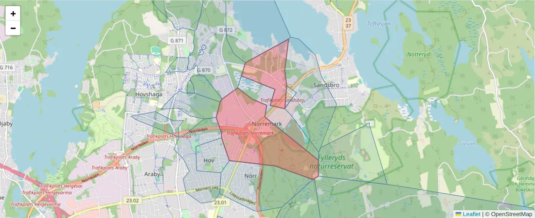Karta över postnummerområdet  och angränsande postnummer i Sverige
