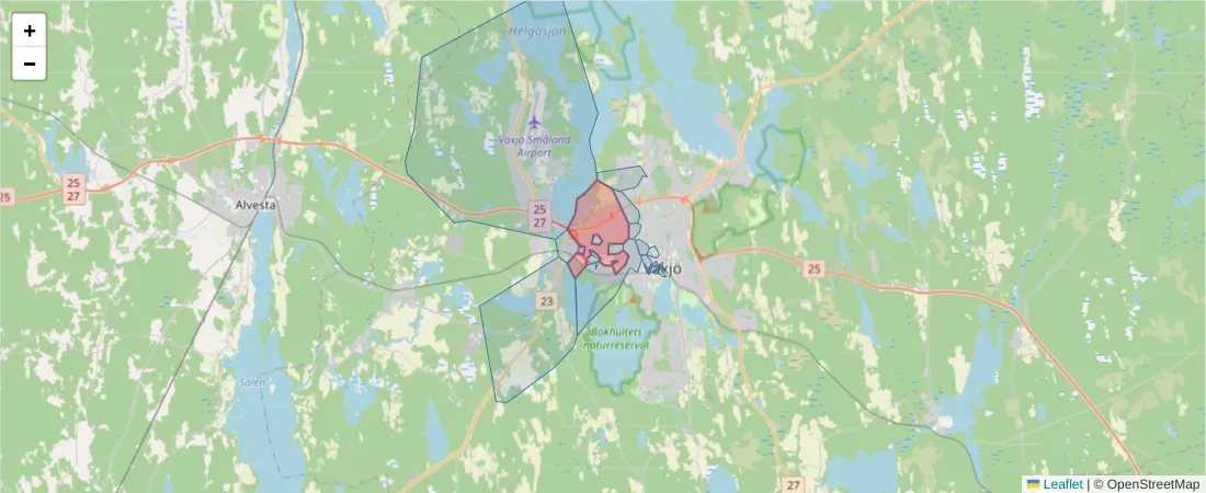Karta över postnummerområdet  och angränsande postnummer i Sverige