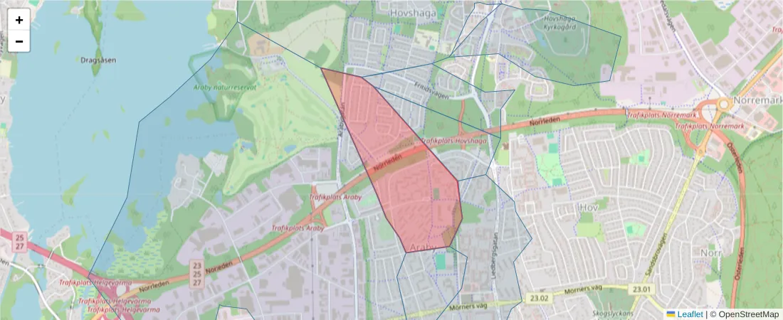 Karta över postnummerområdet  och angränsande postnummer i Sverige