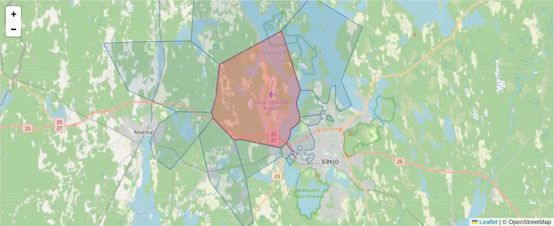 Karta över postnummerområdet  och angränsande postnummer i Sverige