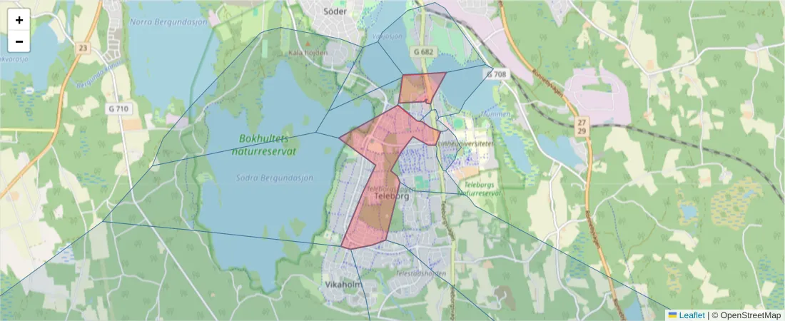 Karta över postnummerområdet  och angränsande postnummer i Sverige