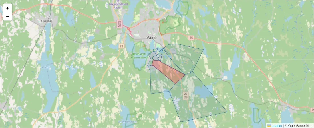 Karta över postnummerområdet  och angränsande postnummer i Sverige