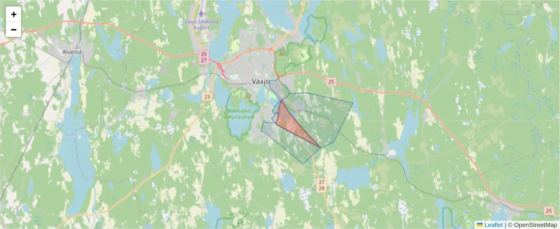 Karta över postnummerområdet  och angränsande postnummer i Sverige