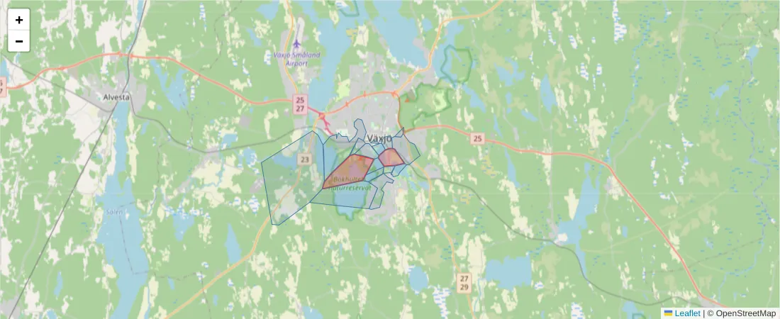 Karta över postnummerområdet  och angränsande postnummer i Sverige