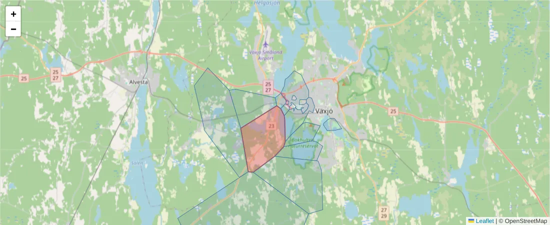 Karta över postnummerområdet  och angränsande postnummer i Sverige