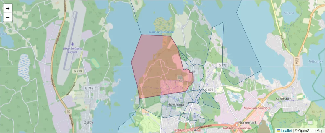 Karta över postnummerområdet  och angränsande postnummer i Sverige