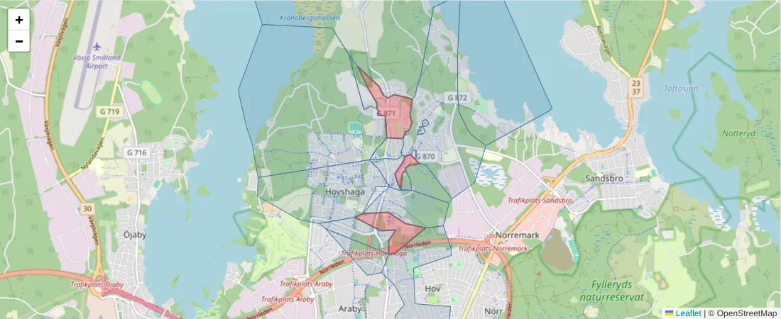 Karta över postnummerområdet  och angränsande postnummer i Sverige