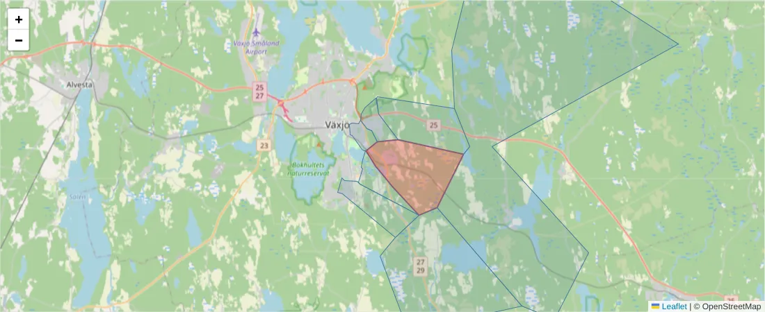 Karta över postnummerområdet  och angränsande postnummer i Sverige