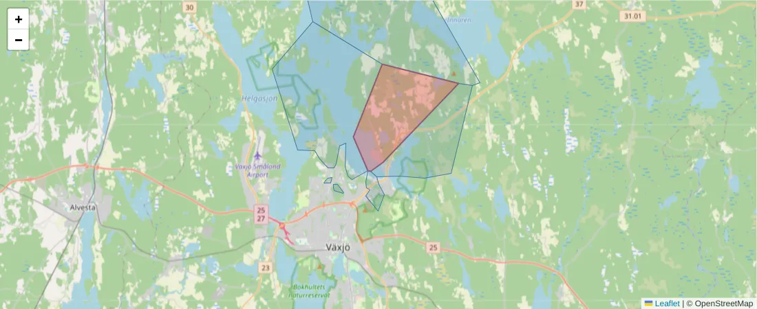Karta över postnummerområdet  och angränsande postnummer i Sverige