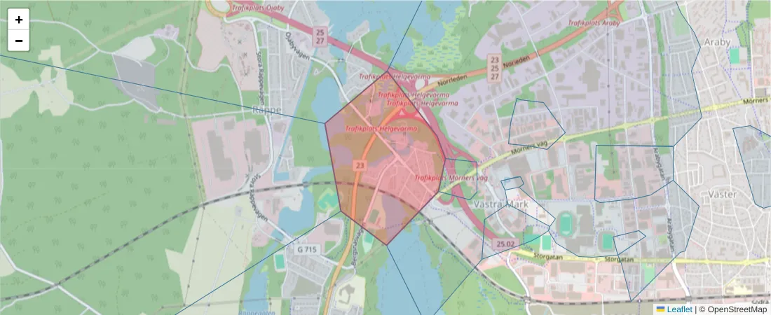 Karta över postnummerområdet  och angränsande postnummer i Sverige