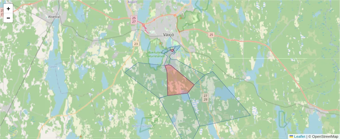 Karta över postnummerområdet  och angränsande postnummer i Sverige