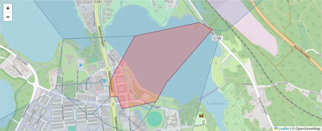 Karta över postnummerområdet  och angränsande postnummer i Sverige