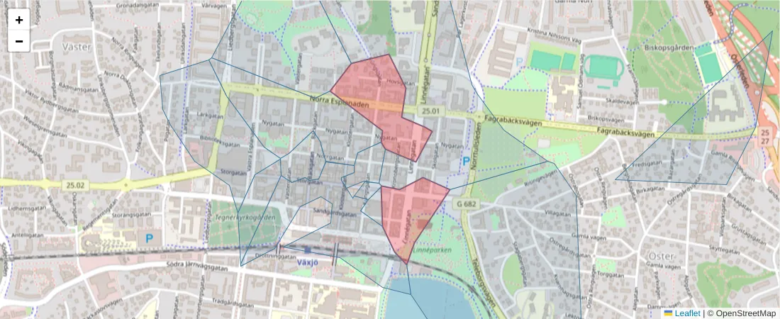 Karta över postnummerområdet  och angränsande postnummer i Sverige