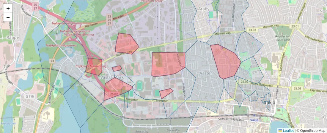 Karta över postnummerområdet  och angränsande postnummer i Sverige