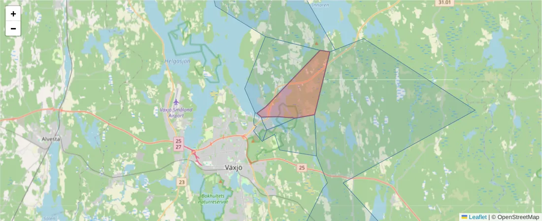 Karta över postnummerområdet  och angränsande postnummer i Sverige