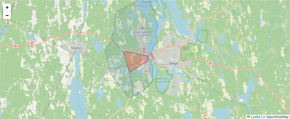 Karta över postnummerområdet  och angränsande postnummer i Sverige
