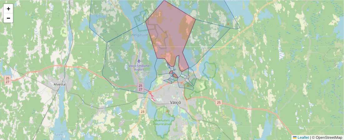 Karta över postnummerområdet  och angränsande postnummer i Sverige