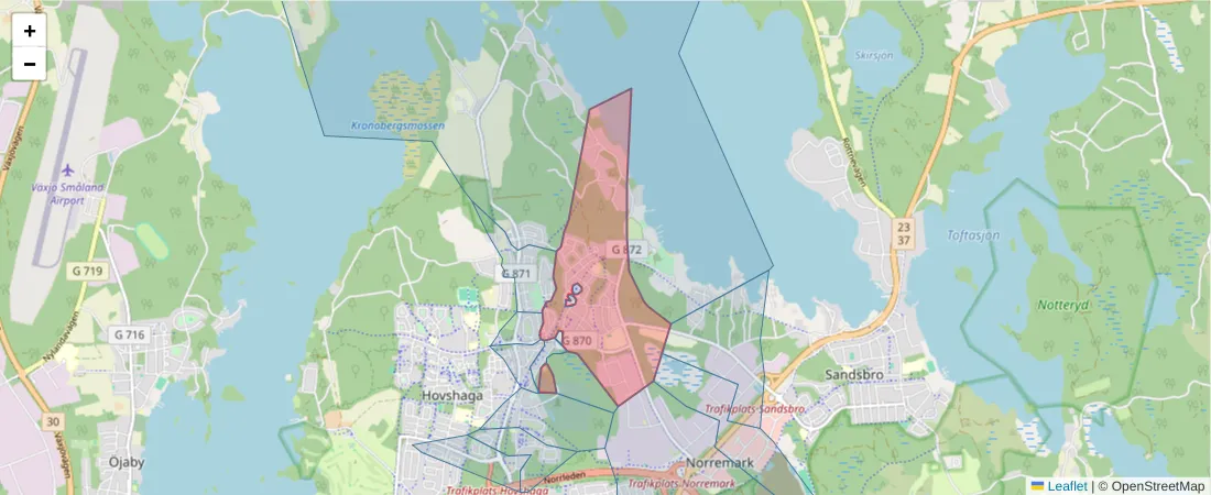 Karta över postnummerområdet  och angränsande postnummer i Sverige