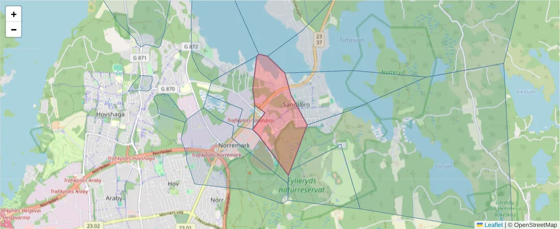 Karta över postnummerområdet  och angränsande postnummer i Sverige