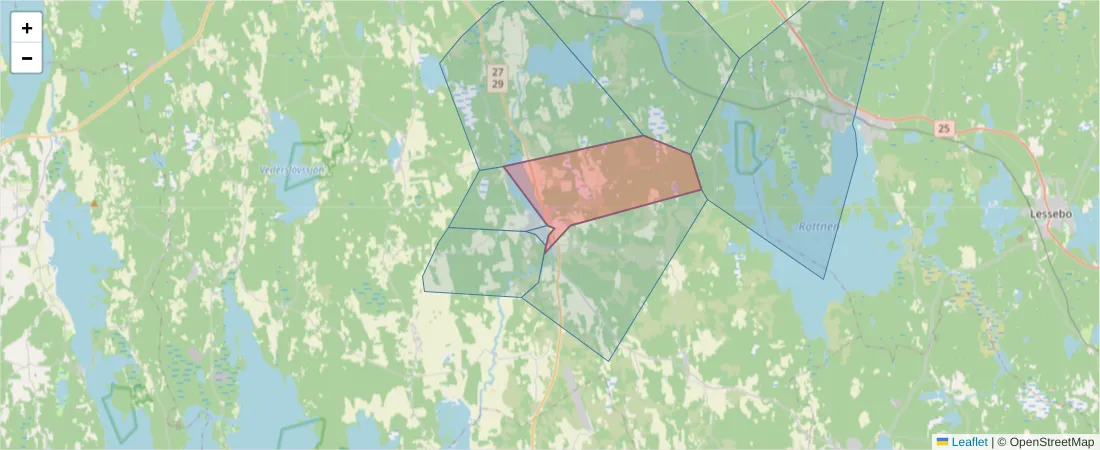 Karta över postnummerområdet  och angränsande postnummer i Sverige