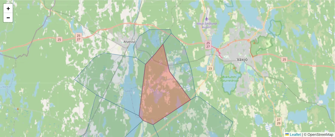 Karta över postnummerområdet  och angränsande postnummer i Sverige