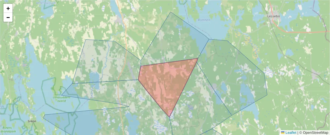 Karta över postnummerområdet  och angränsande postnummer i Sverige