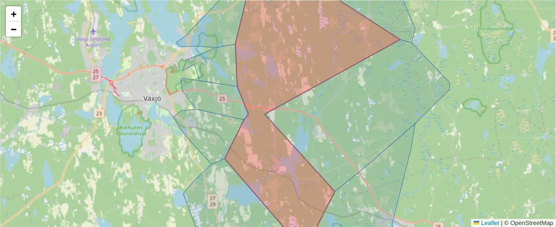 Karta över postnummerområdet  och angränsande postnummer i Sverige