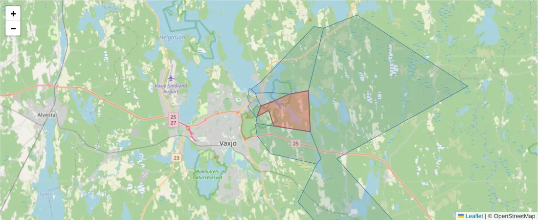Karta över postnummerområdet  och angränsande postnummer i Sverige