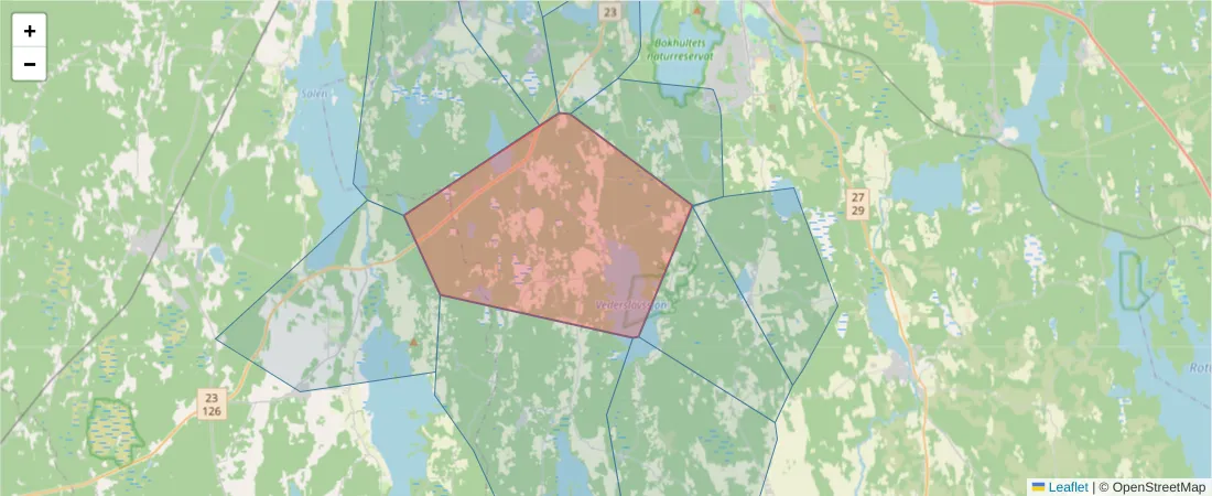 Karta över postnummerområdet  och angränsande postnummer i Sverige