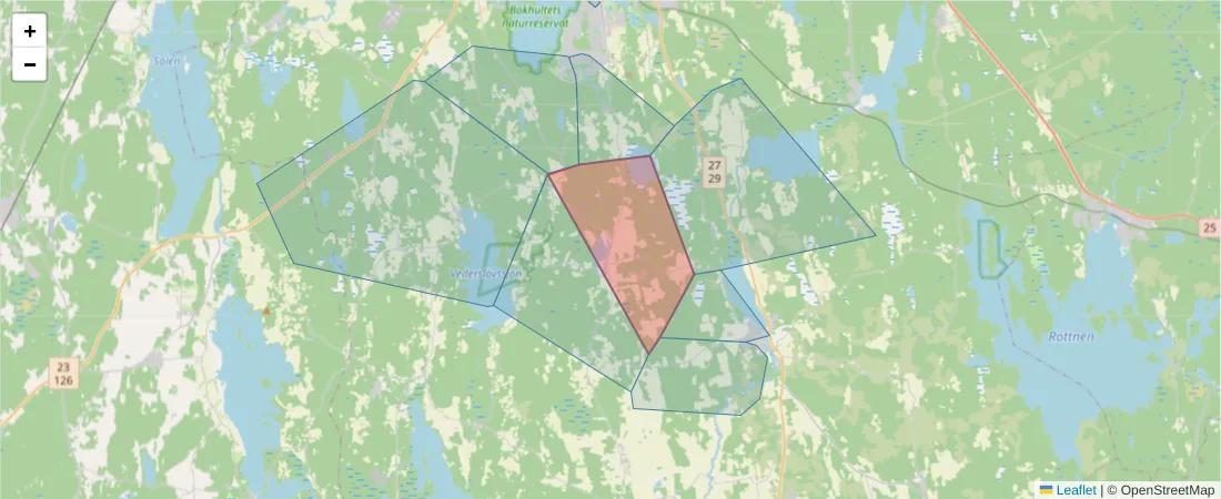Karta över postnummerområdet  och angränsande postnummer i Sverige