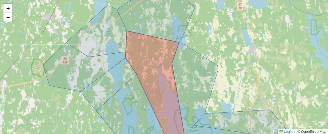 Karta över postnummerområdet  och angränsande postnummer i Sverige