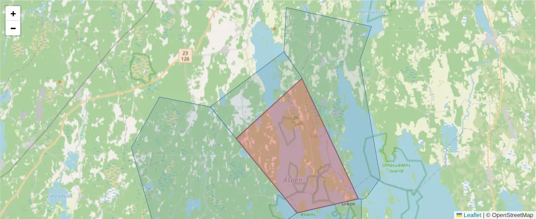 Karta över postnummerområdet  och angränsande postnummer i Sverige