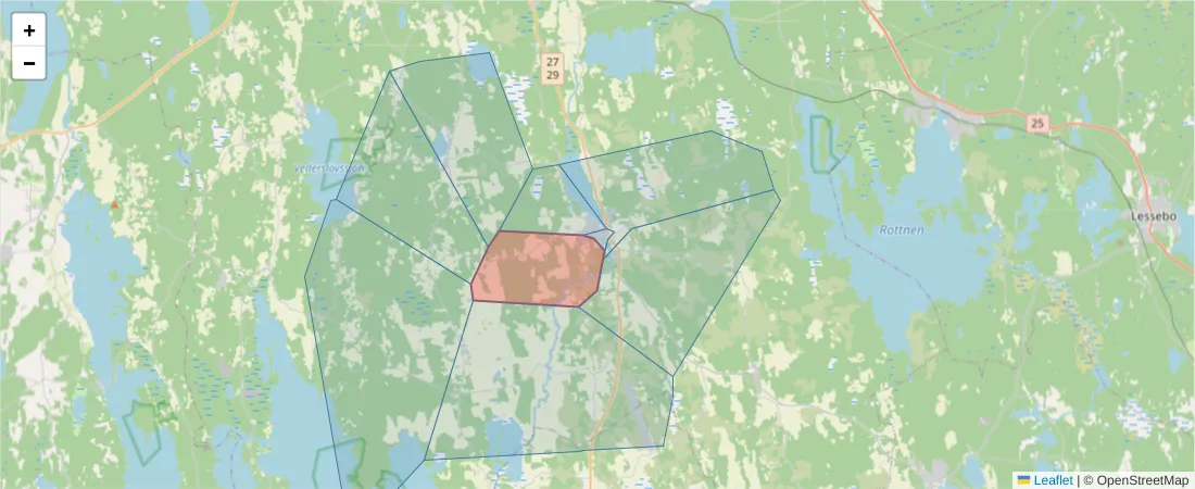 Karta över postnummerområdet  och angränsande postnummer i Sverige