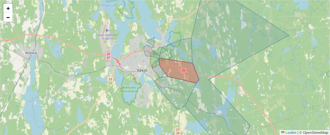 Karta över postnummerområdet  och angränsande postnummer i Sverige