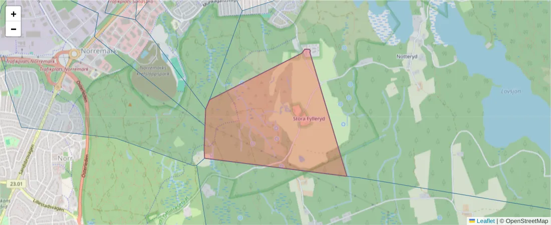 Karta över postnummerområdet  och angränsande postnummer i Sverige