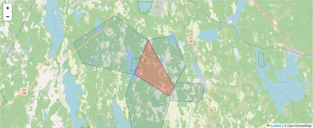 Karta över postnummerområdet  och angränsande postnummer i Sverige