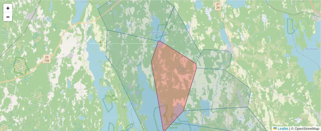 Karta över postnummerområdet  och angränsande postnummer i Sverige