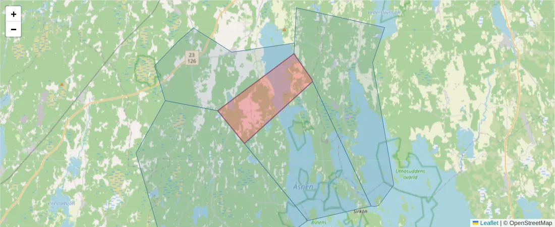Karta över postnummerområdet  och angränsande postnummer i Sverige