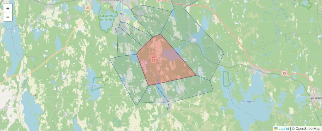 Karta över postnummerområdet  och angränsande postnummer i Sverige