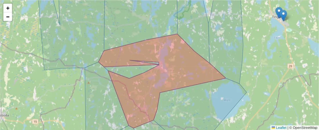 Karta över postnummerområdet  och angränsande postnummer i Sverige
